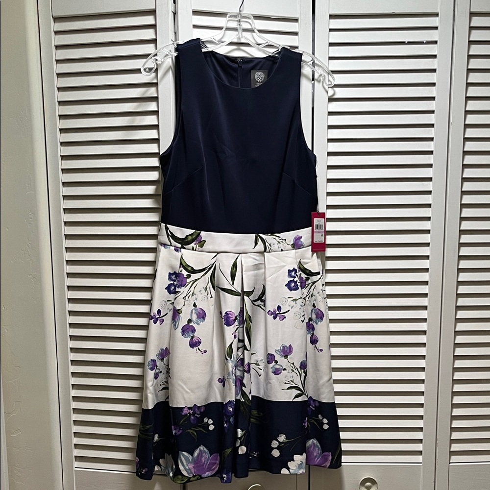 Vince Camuto Navy and Purple Floral Midi Dress